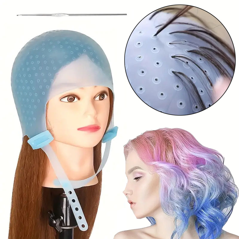 Hair Spray Color - Wiederverwendbare Silikon-Hervorhebungskappe für Haarfärbung mit Metallhaken,